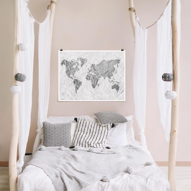 Plakater verdenskort Paper World Map White Grey