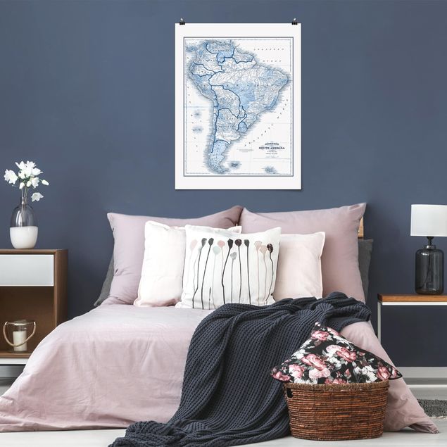 Plakater verdenskort Map In Blue Tones - South America