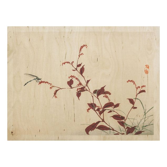 Prints på træ blomster Asian Vintage Drawing Red Branch With Dragonfly