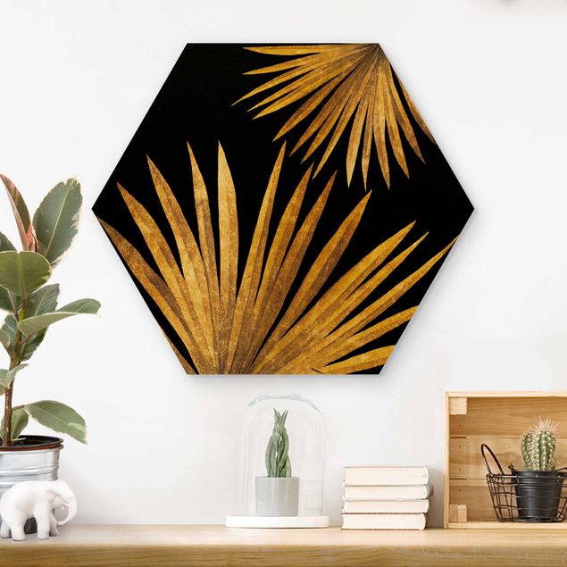 Prints på træ blomster Gold - Palm Leaf On Black