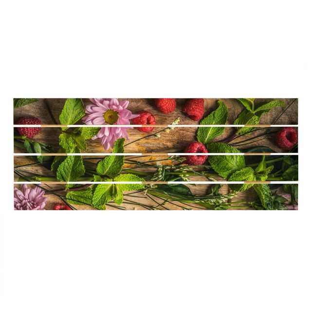 Prints på træ Flowers Raspberries Mint