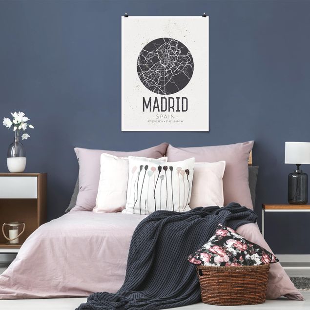 Plakater sort og hvid Madrid City Map - Retro