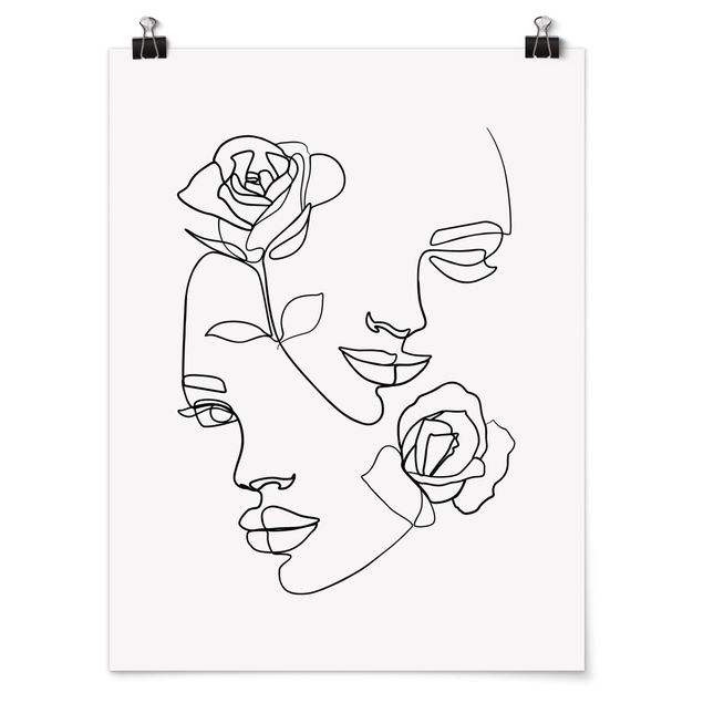 Plakater sort og hvid Line Art Faces Women Roses Black And White