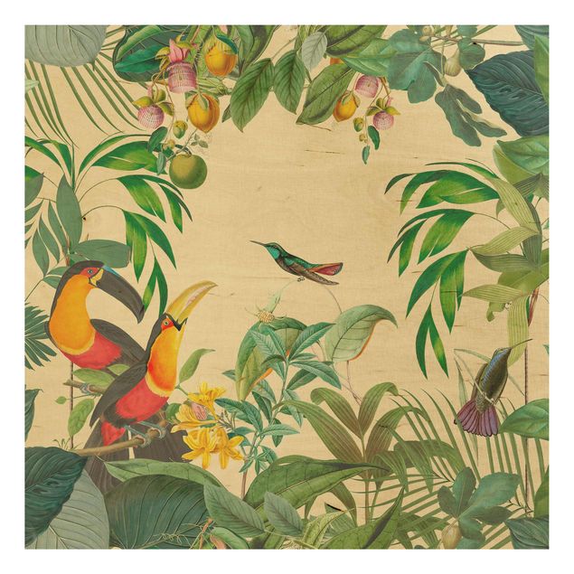 Prints på træ blomster Vintage Collage - Birds In The Jungle