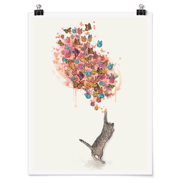 Plakater kunsttryk Illustration Cat With Colourful Butterflies Painting