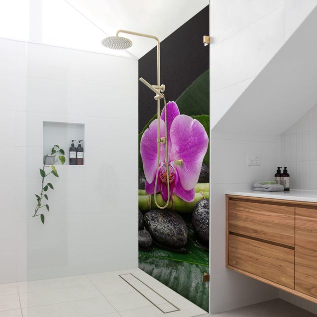 Vægbeklædning brusekabine Green bamboo With Orchid Flower