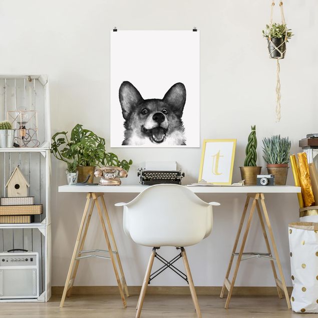 Plakater sort og hvid Illustration Dog Corgi Black And White Painting