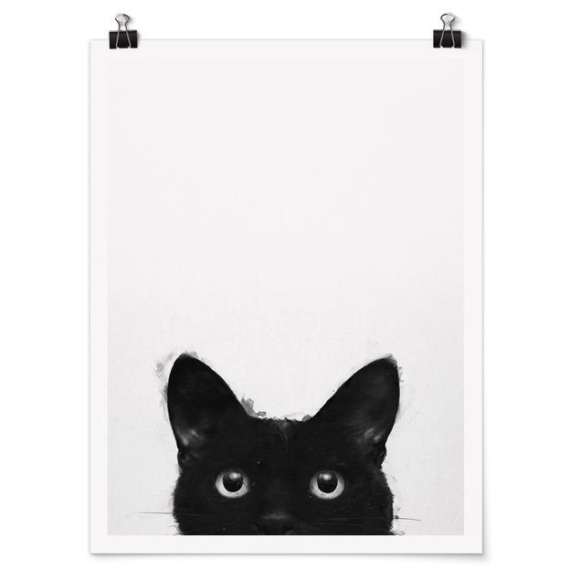 Plakater kunsttryk Illustration Black Cat On White Painting
