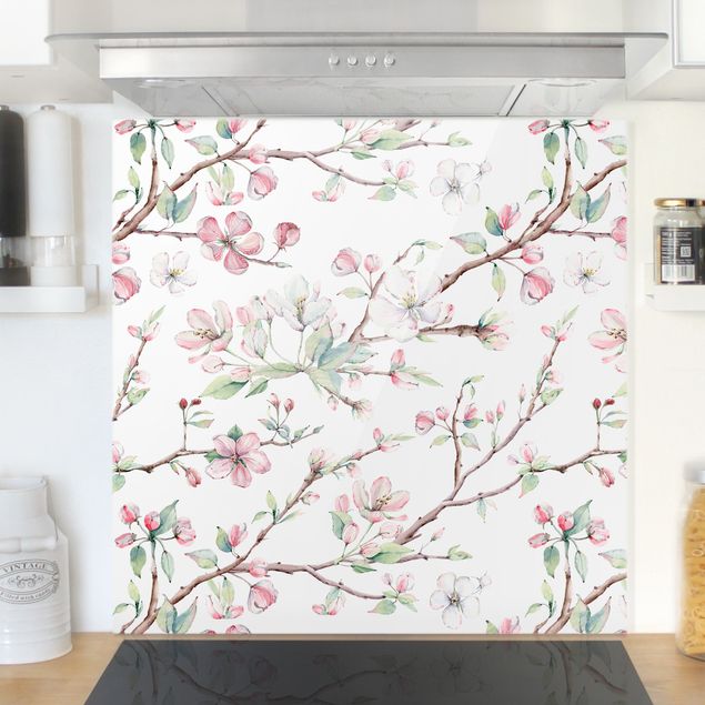 køkken dekorationer Watercolour Branches Of Apple Blossom In Light Pink And White