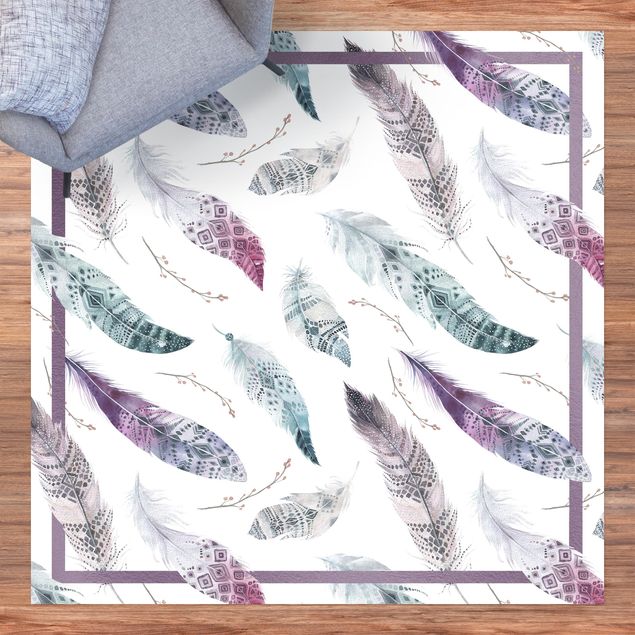 Tæppe til altan Boho Watercolour Feathers In Aubergine And Petrol Colour With Frame