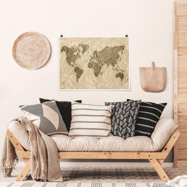 Plakater verdenskort Paper World Map Beige Brown