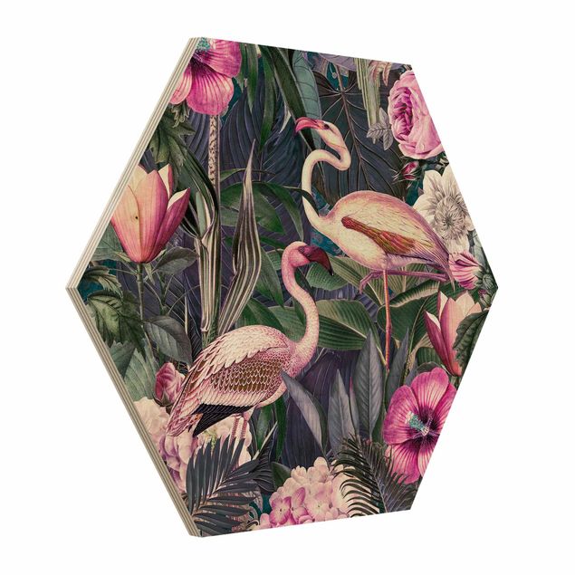 Billeder blomster Colorful Collage - Pink Flamingos In The Jungle