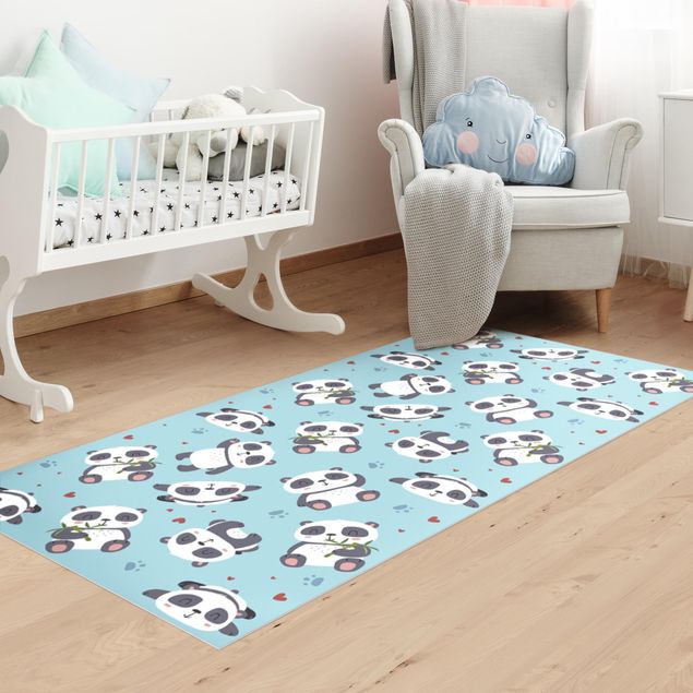 Tæpper med bambusmotiv Cute Panda With Paw Prints And Hearts Pastel Blue