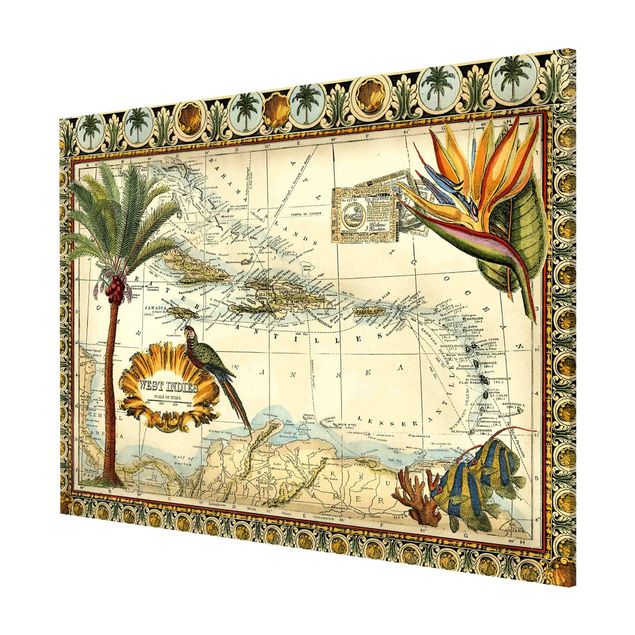 Magnettavler blomster Vintage Tropical Map West Indies