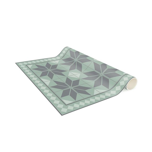 Tæpper fliselook Geometrical Tiles Star Flower Mint Green Shade With Narrow Border
