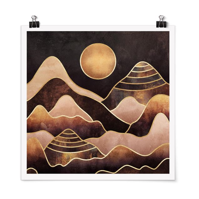 Plakater kunsttryk Golden Sun Abstract Mountains