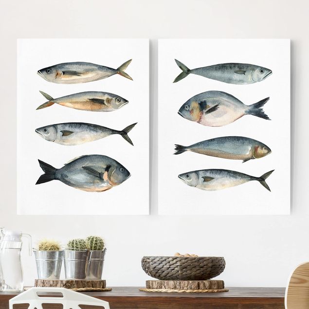 Billeder på lærred fisk Eight Fish In Watercolour Set I