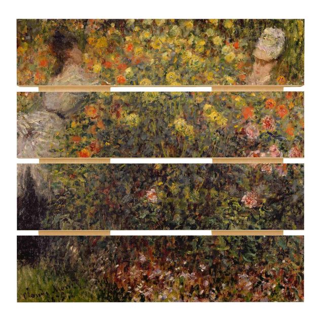 Prints på træ blomster Claude Monet - Two Ladies in the Flower Garden