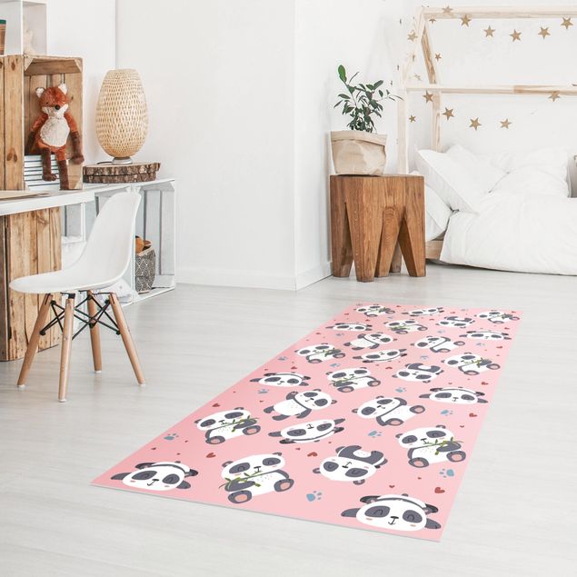 Tæpper med bambusmotiv Cute Panda With Paw Prints And Hearts Pastel Pink