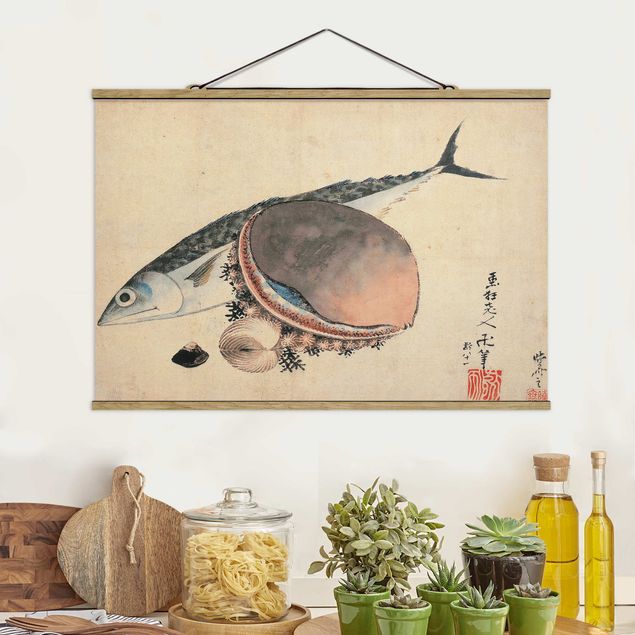 køkken dekorationer Katsushika Hokusai - Mackerel and Sea Shells
