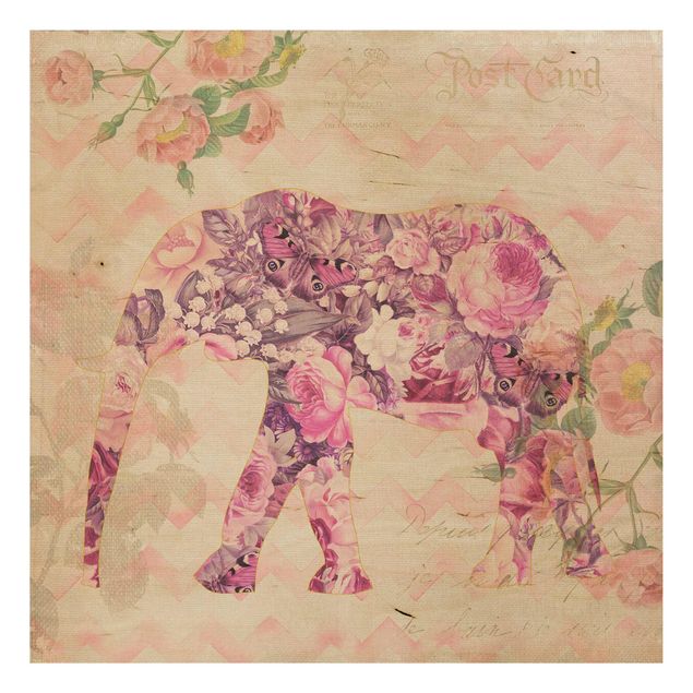 Prints på træ blomster Vintage Collage - Pink Flowers Elephant