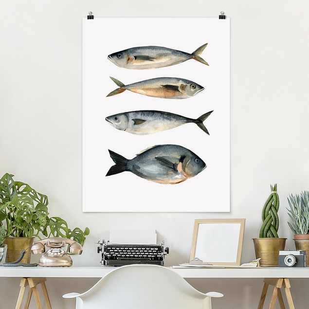 køkken dekorationer Four Fish In Watercolour I