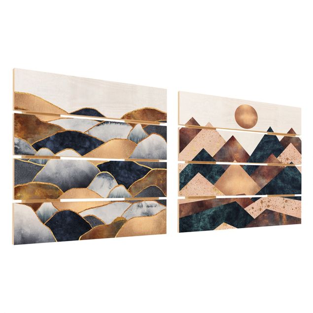 Holzbild 2-teilig - Elisabeth Fredriksson - Geometrische & Goldene Berge Aquarell - Quadrate 1:1