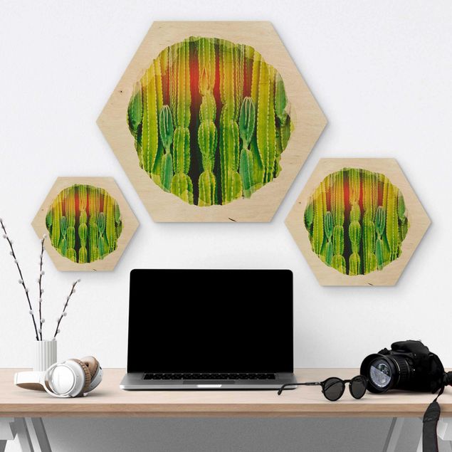 Hexagon Bild Holz - Wasserfarben - Kaktus Wand
