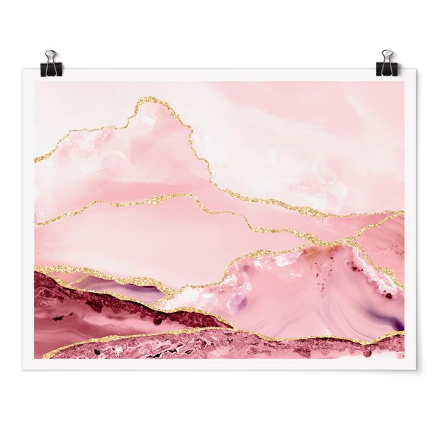 Plakater abstrakt Abstract Mountains Pink With Golden Lines