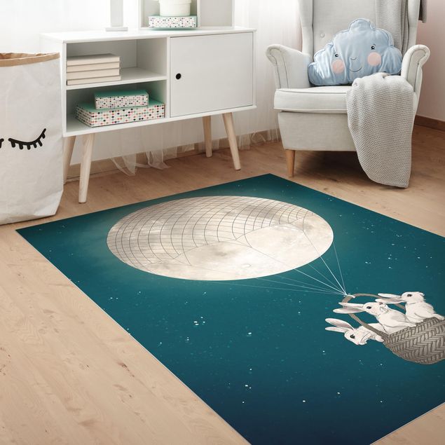 moderne gulvtæppe Illustration Rabbits Moon As Hot-Air Balloon Starry Sky