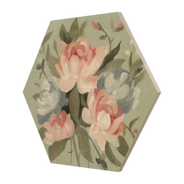 Hexagon Bild Holz - Bouquet in Pastell I