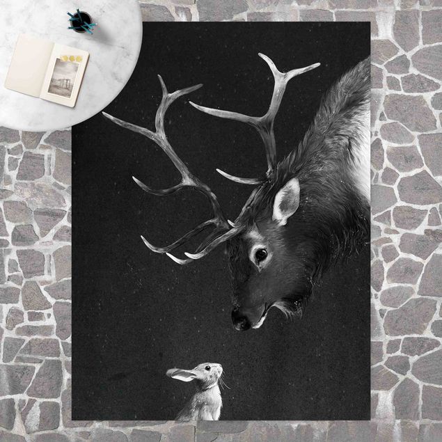 tæpper til terrasse Illustration Deer And Rabbit Black And White Drawing