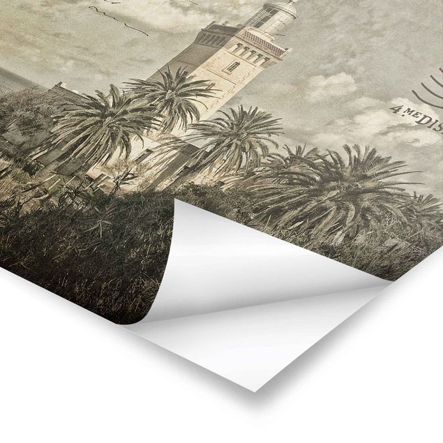 Plakater strande Vintage Postcard With Lighthouse And Palm Trees
