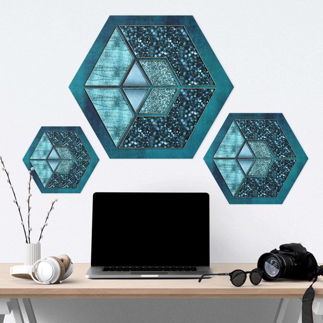 Sekskantede billeder Blue Hexagon With Gold Outline