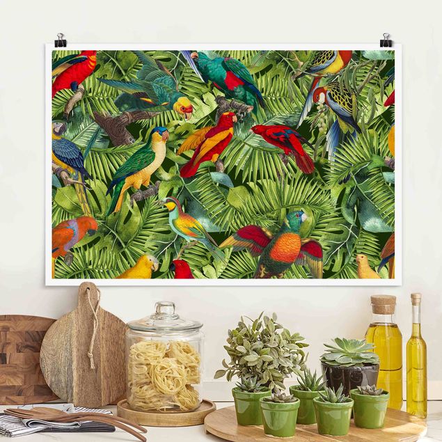køkken dekorationer Colourful Collage - Parrots In The Jungle