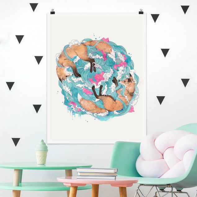 Plakater kunsttryk Illustration Foxes And Waves Painting