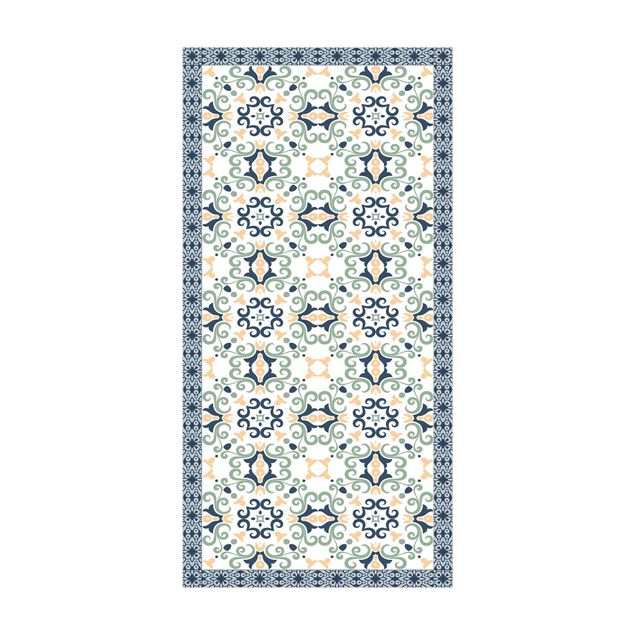 moderne gulvtæppe Floral Tiles Yellowish Blue With Border