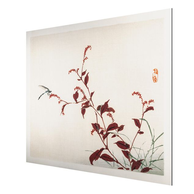 Billeder blomster Asian Vintage Drawing Red Branch With Dragonfly