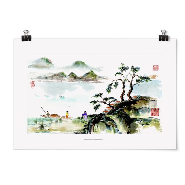 Plakater landskaber Japanese Watercolour Drawing Lake And Mountains