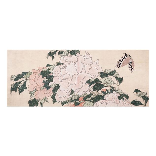 Stænkplader glas Katsushika Hokusai - Pink Peonies With Butterfly