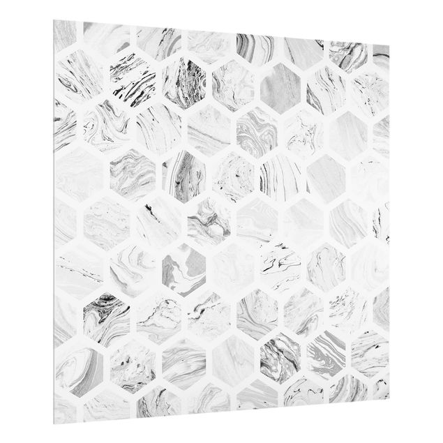 Stænkplader glas stenlook Marble Hexagons In Greyscales