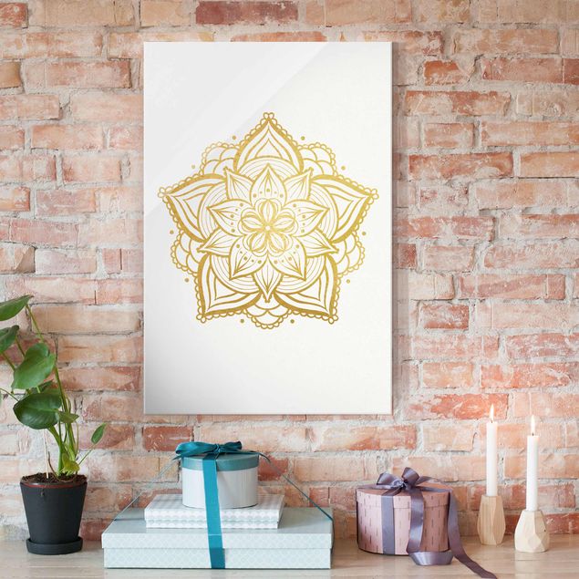 Glasbilleder spirituelt Mandala Flower Illustration White Gold