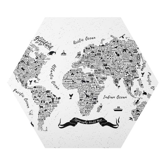 Billeder sort og hvid Typography World Map White