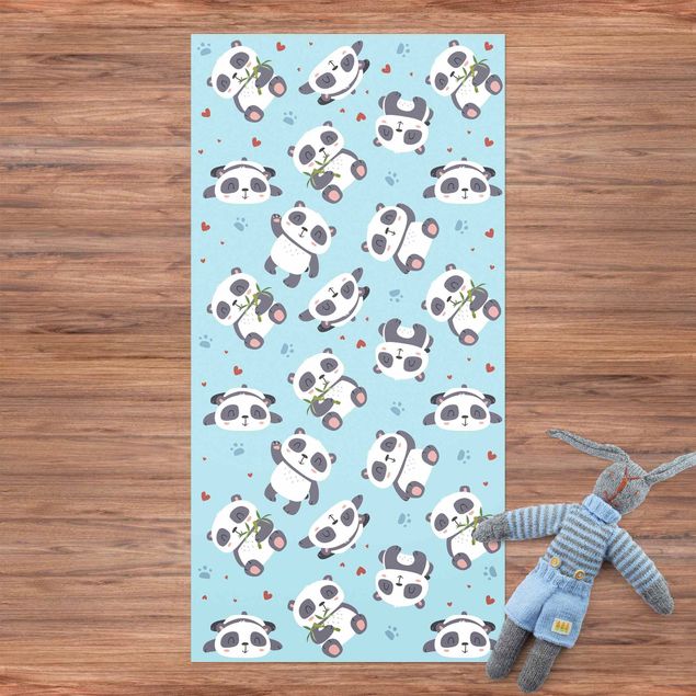 tæpper til terrasse Cute Panda With Paw Prints And Hearts Pastel Blue
