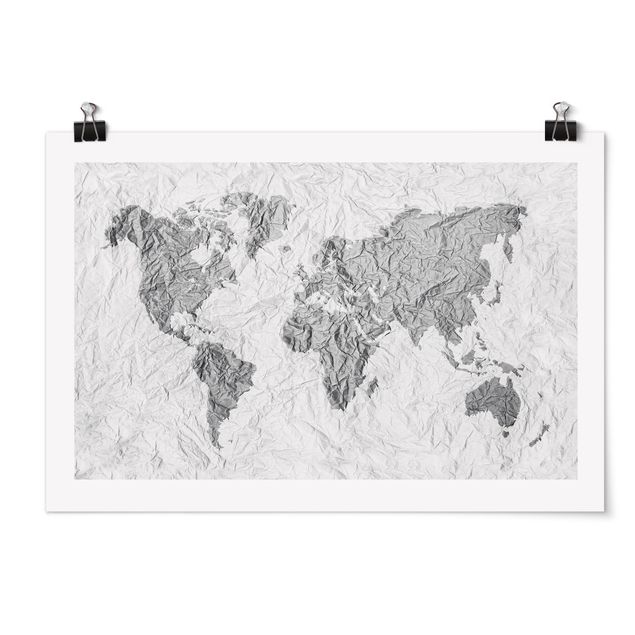 Billeder verdenskort Paper World Map White Grey
