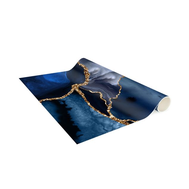Moderne tæpper Golden Glitter Waves Blue backdrop