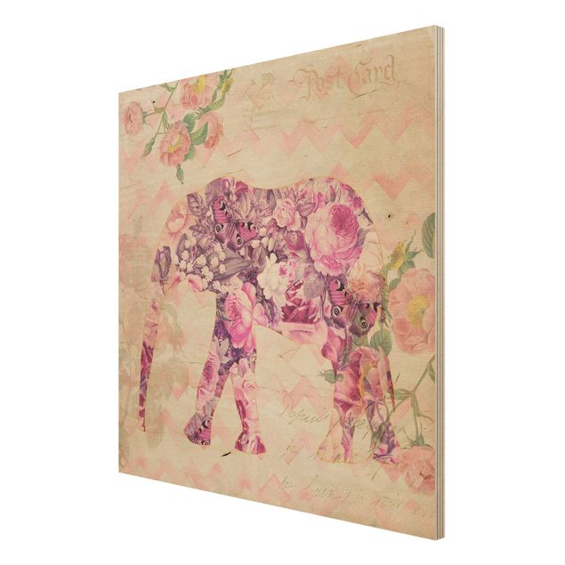 Prints på træ vintage Vintage Collage - Pink Flowers Elephant