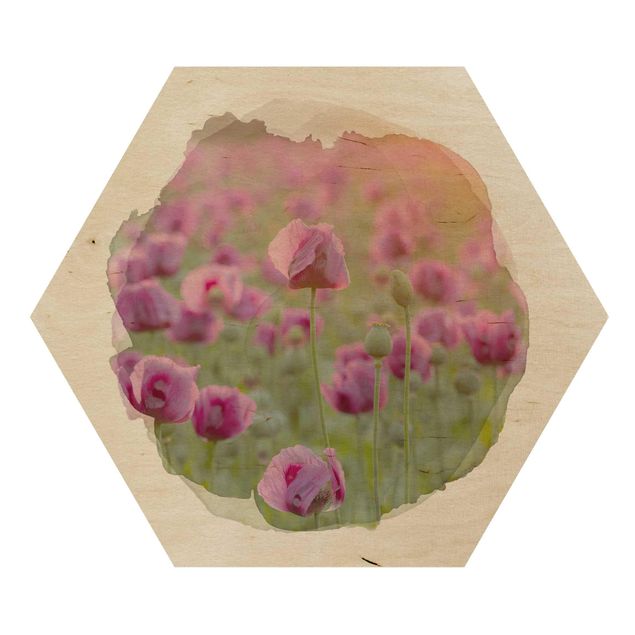 Sekskantede billeder WaterColours - Violet Poppy Flowers Meadow In Spring