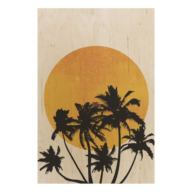Prints på træ blomster Palm Trees In Front Of Golden Sun
