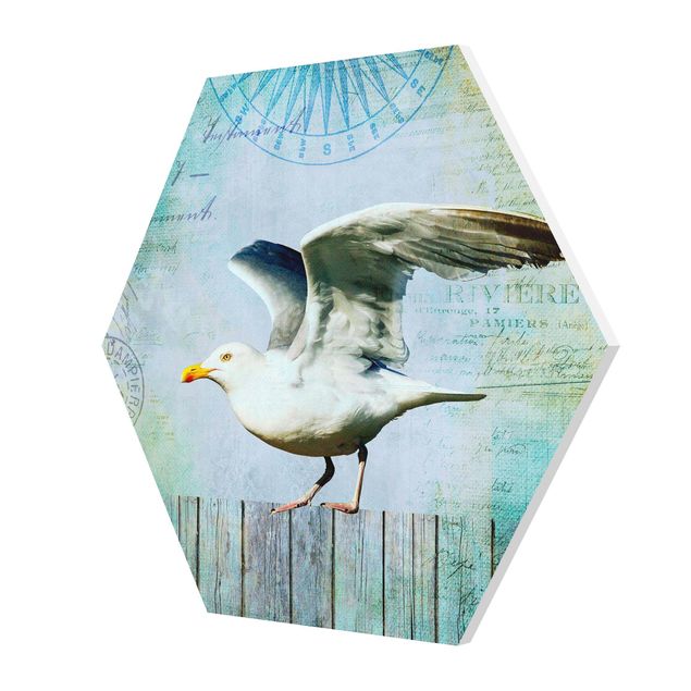 Billeder blå Vintage Collage - Seagull On Wooden Planks